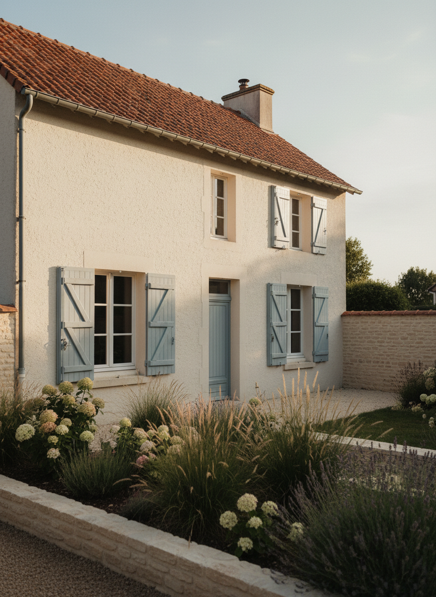 Vue extérieure élégante d’une maison de vacances typique de la Terrière, façade crépi blanc cassé avec volets bleu grisé patinés, toiture en tuiles rouges légèrement vieillies. La maison est entourée d’un petit jardin clos de murs en pierres claires, parsemé de graminées, d’hortensias pâles et de lavandes. La lumière de fin d’après-midi, douce et légèrement dorée, crée des ombres discrètes sur la façade. Composition en légère contre-plongée, cadrée en règle des tiers, avec une profondeur de champ nette pour montrer les textures des matériaux. L’ambiance est paisible, raffinée et authentiquement vendéenne, dans un style photographique réaliste à la palette sourde et minimaliste.