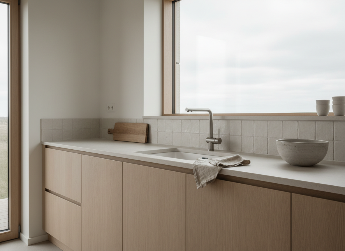 Cuisine contemporaine mais chaleureuse d’une maison de vacances, avec meubles bas en bois clair à veinage discret et façades lisses, plan de travail en pierre claire mate et crédence en zellige blanc cassé au fini légèrement irrégulier. Un évier en céramique blanche et une robinetterie en acier brossé se détachent avec discrétion. Sur le plan de travail, quelques éléments raffinés : une planche en chêne, un bol en céramique grise, un torchon en lin. La lumière d’un ciel voilé entre par une fenêtre latérale, produisant un éclairage diffus, sans contrastes durs. Vue légèrement en plongée, cadrée en règle des tiers, ambiance calme et ordonnée, style photographique réaliste, esthétique minimaliste et palette sourde.