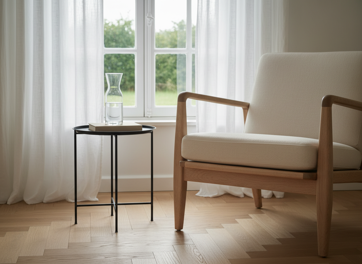 Détail d’un coin lecture dans la maison avec extérieur : un fauteuil bas en bois clair et tissu écru, lignes épurées, repose près d’une fenêtre à petits carreaux encadrée de voilages en gaze de coton blanche. Un petit guéridon rond en métal fin noir supporte une carafe en verre et un livre fermé à la couverture taupe. Le sol en parquet chêne clair brossé ajoute une texture chaleureuse. La lumière de fin de matinée, tamisée par les voilages, crée un halo doux et quelques reflets subtils sur le verre. Cadrage rapproché, profondeur de champ faible pour isoler la scène, ambiance de retraite silencieuse et raffinée, photographie réaliste, composition minimaliste.