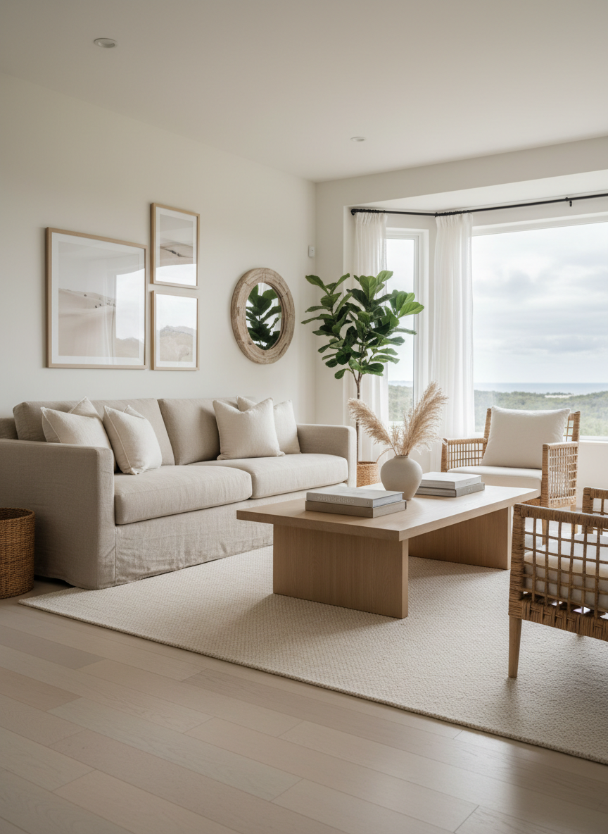 Salon lumineux d’une maison de vacances, décoré dans un style côtier sophistiqué. Un canapé en lin beige sable aux coussins écrus se détache sur un mur blanc cassé, rehaussé de quelques cadres minimalistes représentant des dunes. Un parquet en bois clair légèrement blanchi apporte chaleur et texture, tandis qu’une table basse en chêne naturel au design épuré occupe le premier plan. La lumière diffuse d’un jour légèrement nuageux entre par une grande baie vitrée, créant des reflets doux et des ombres très subtiles. Prise de vue à hauteur d’œil, composition aérée avec arrière-plan légèrement flouté. Atmosphère calme, accueillante et raffinée, dans un réalisme photographique aux tons mutés et harmonieux.